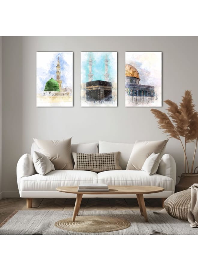 Home Gallery Set of 3 Trinity of Faith: Kaaba, Madina and Al Aqsa Printed on canvas wall art - Image 1