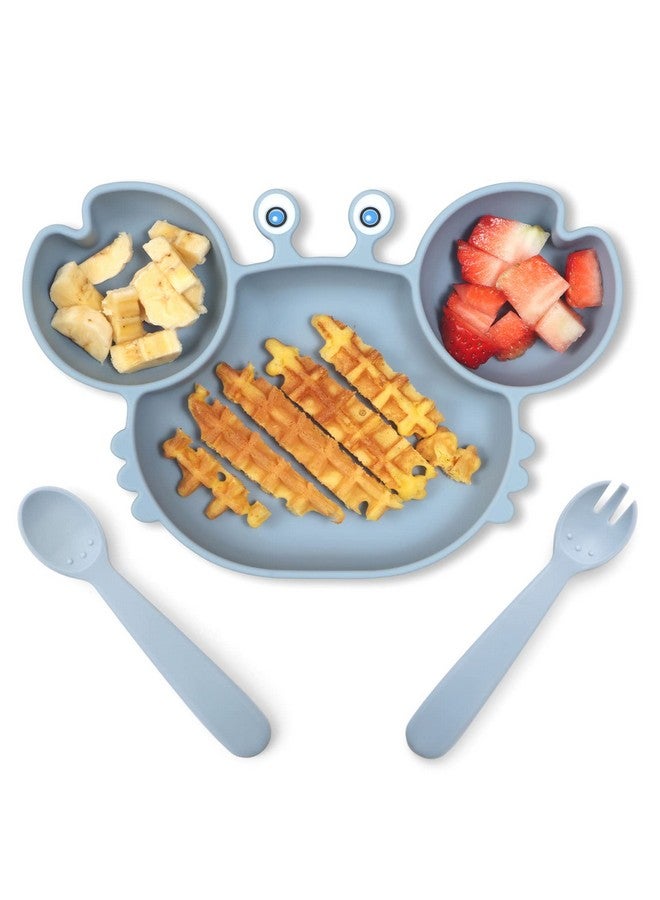 ROCCED Suction Plates for Baby, Silicone Plates with Suction Divided, Baby Spoon Fork Set for Toddler Baby Dishes Kids Utensils-Crab Dusty Blue - Image 1