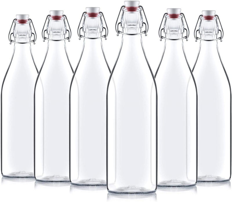 ARUZEN Swing Top Bottles 1 Liter Pack ROUND Clear Glass Grolsch Flip Top Bottle With Stopper for Beverages Smoothies Kefir Beer Soda Juicing Kombucha Water Milk Oil and Vinegar set of 6 - Image 1