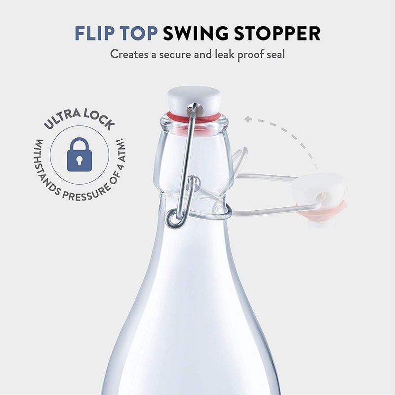 ARUZEN Swing Top Bottles 1 Liter Pack ROUND Clear Glass Grolsch Flip Top Bottle With Stopper for Beverages Smoothies Kefir Beer Soda Juicing Kombucha Water Milk Oil and Vinegar set of 6 - Image 4