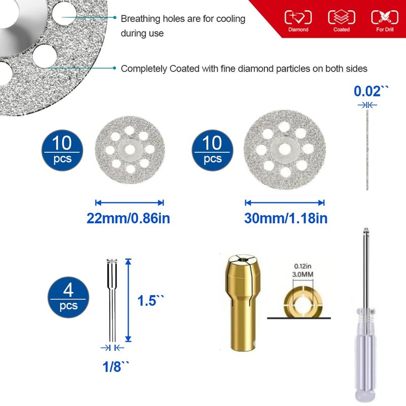 Lukcase Cutting Wheel Set Compatible with Rotary Tool with 1/8" Shank, 545 Diamond Cut-Off Wheel 20 pcs, HSS Saw Blade 6pcs, Fiberglass Cutting Wheel 10pcs, Resin Cutting Discs 10pcs,1 Screwdriver,1 Collet - Image 3
