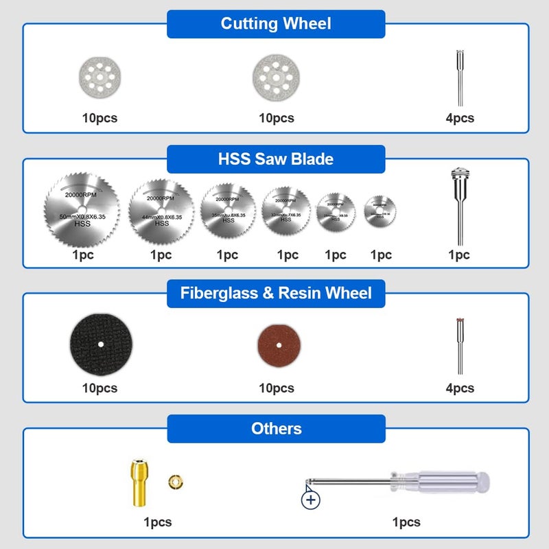 Lukcase Cutting Wheel Set Compatible with Rotary Tool with 1/8" Shank, 545 Diamond Cut-Off Wheel 20 pcs, HSS Saw Blade 6pcs, Fiberglass Cutting Wheel 10pcs, Resin Cutting Discs 10pcs,1 Screwdriver,1 Collet - Image 2