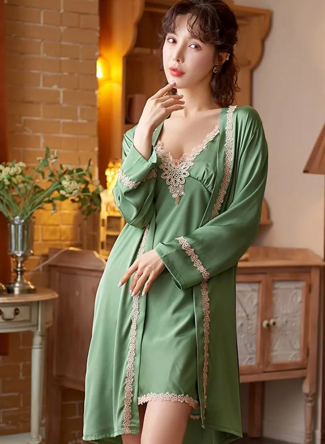 MARGOUN Medium Size Pajama Set Satin 2PCS Sleep Set Women Kimono Bathrobe Gown Wedding Sleepwear Nighty Robe Suit Intimate Lingerie Sleepwear Green /MG17 - Image 1