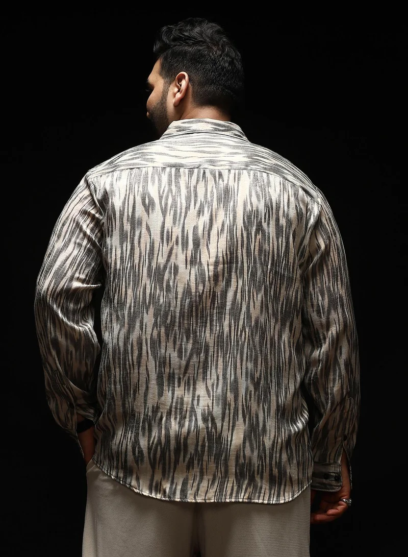 Instafab Plus  Instafab Plus Men's Grey & Off-White Contrast-Abstract Imprint Shirt | Spread Collar , Long Cuffed Sleeves , Button Closure , Curved Hemline | Abstract-Print Plain Polyester For Street & Casual Wear for Men | Best Price UAE