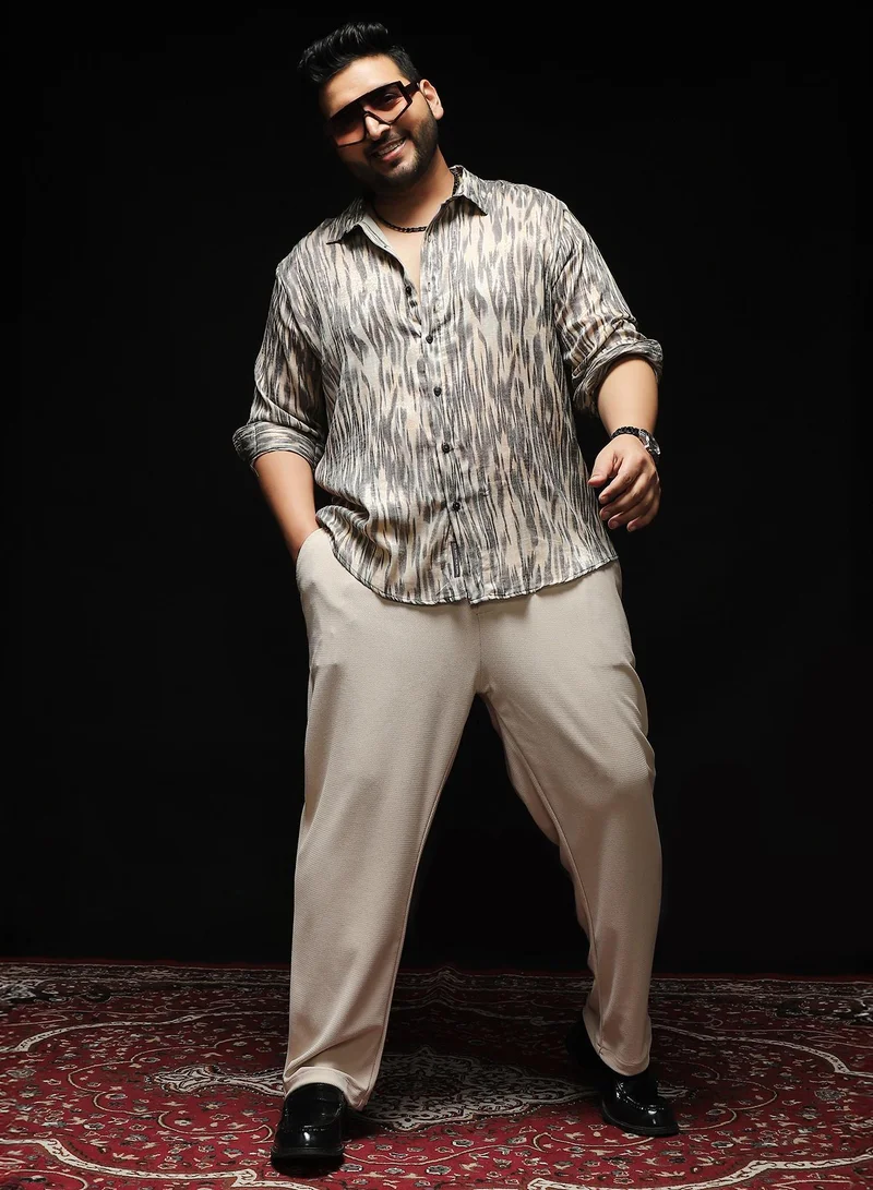 Instafab Plus  Instafab Plus Men's Grey & Off-White Contrast-Abstract Imprint Shirt | Spread Collar , Long Cuffed Sleeves , Button Closure , Curved Hemline | Abstract-Print Plain Polyester For Street & Casual Wear for Men | Best Price UAE