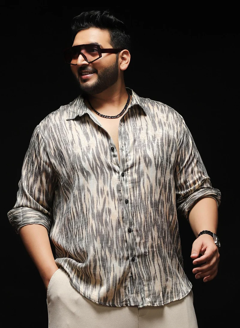 Instafab Plus Instafab Plus Men's Grey & Off-White Contrast-Abstract Imprint Shirt | Spread Collar , Long Cuffed Sleeves , Button Closure , Curved Hemline | Abstract-Print Plain Polyester For Street & Casual Wear