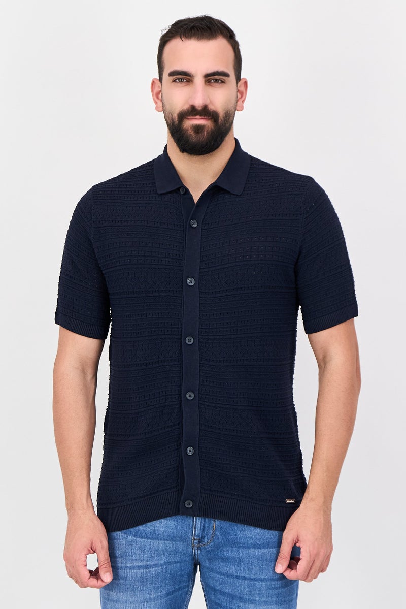 Threadbare Men Regular Fit Short Sleeves Solid Knitted Shirt, Navy - Image 1