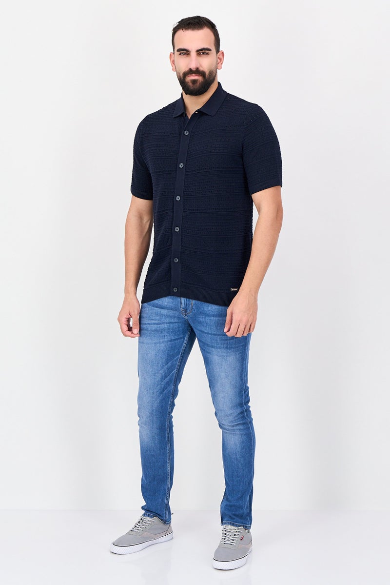Threadbare Men Regular Fit Short Sleeves Solid Knitted Shirt, Navy - Image 4