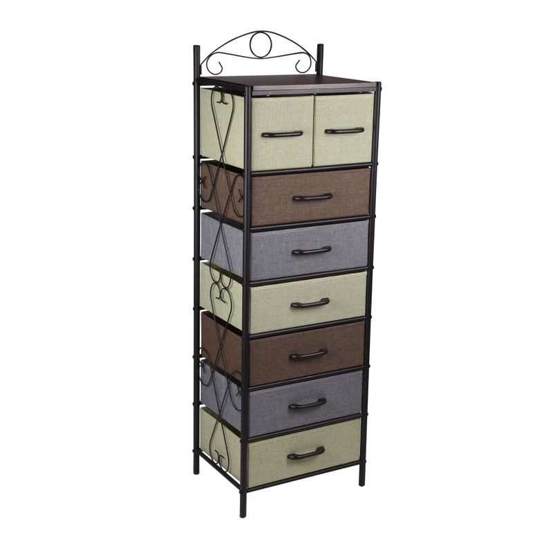 Household Essentials Household Essentials Victoria Dresser Tower Storage Organizer with 8 Multicolor Drawers Black Metal Frame and Mid Century Walnut Wood Grain Top