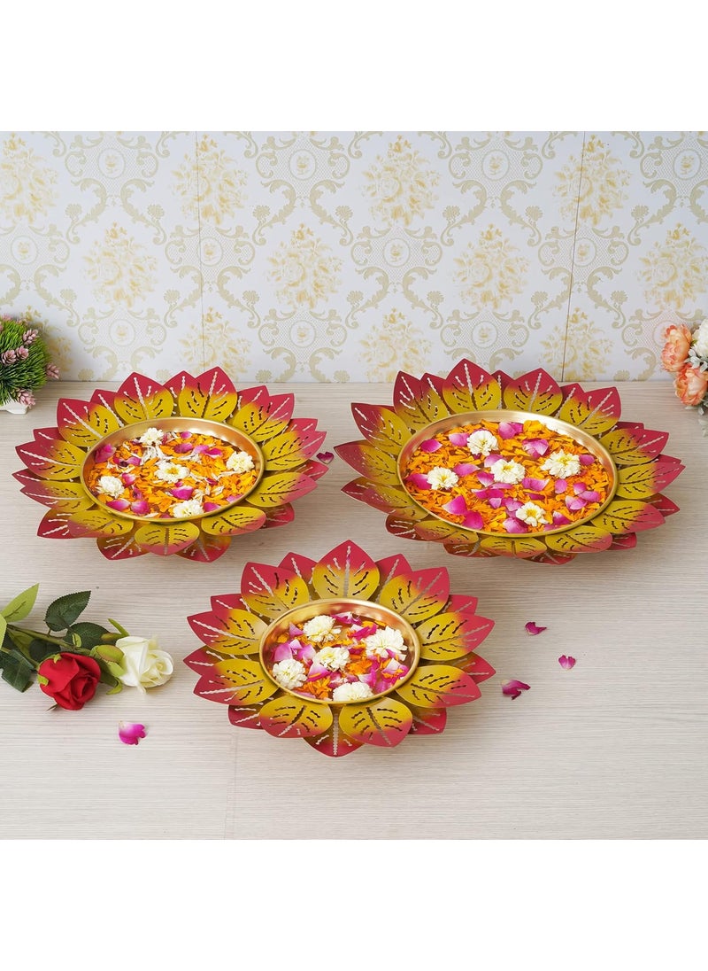 Webelkart Webelkart Premium Printed Leaf Design Set of 3 Flower Shape Flower Decorative Urli Bowl for Home Floating Flowers for Home,Table Decor| Diwali Decoration(Multicolor)  - Image 1