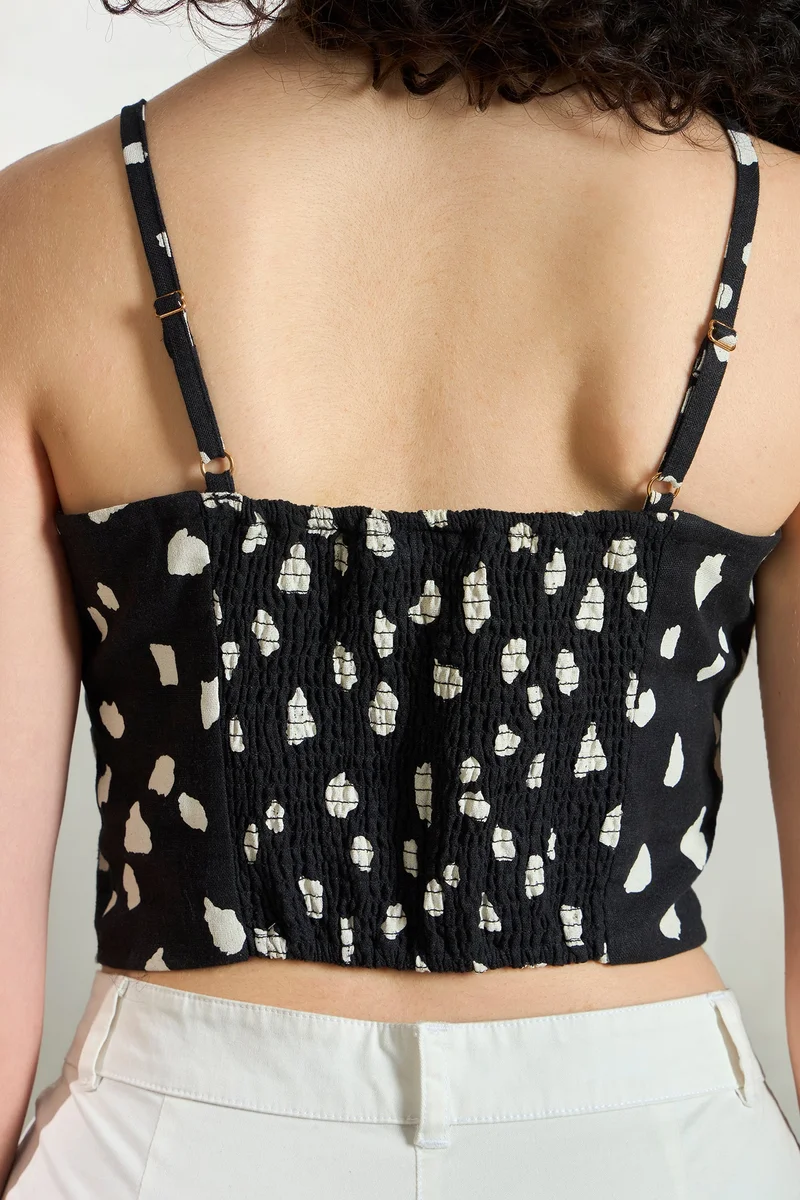 فيرجيو Linen Printed Vacation Front Tie Crop Top for Women