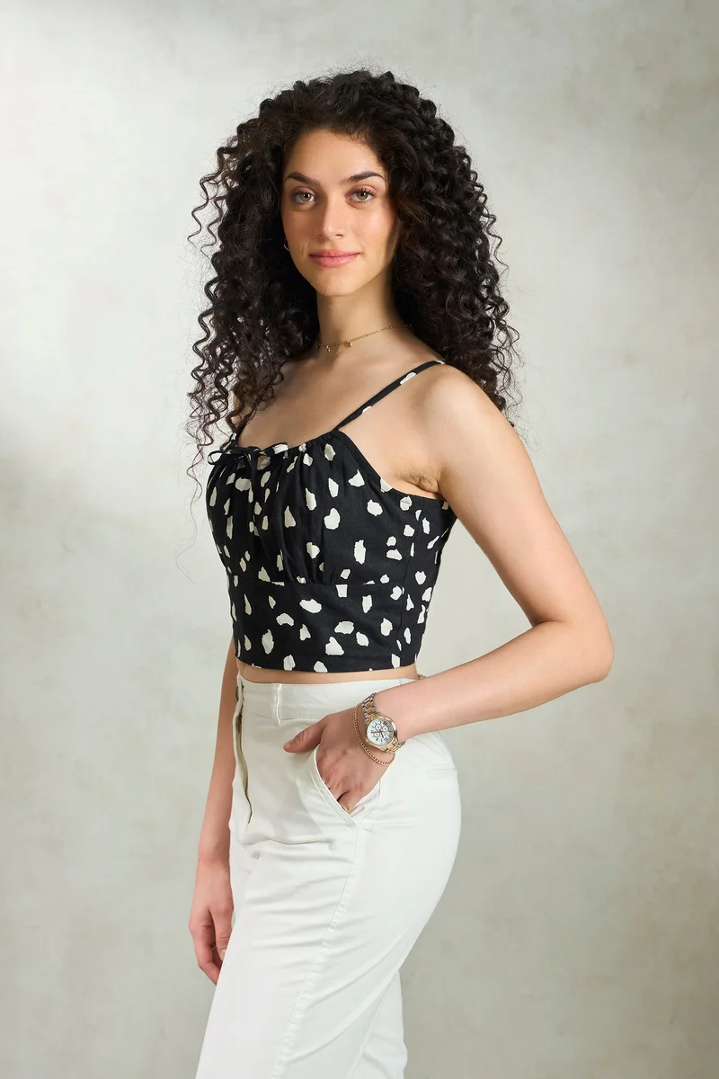 فيرجيو Linen Printed Vacation Front Tie Crop Top for Women
