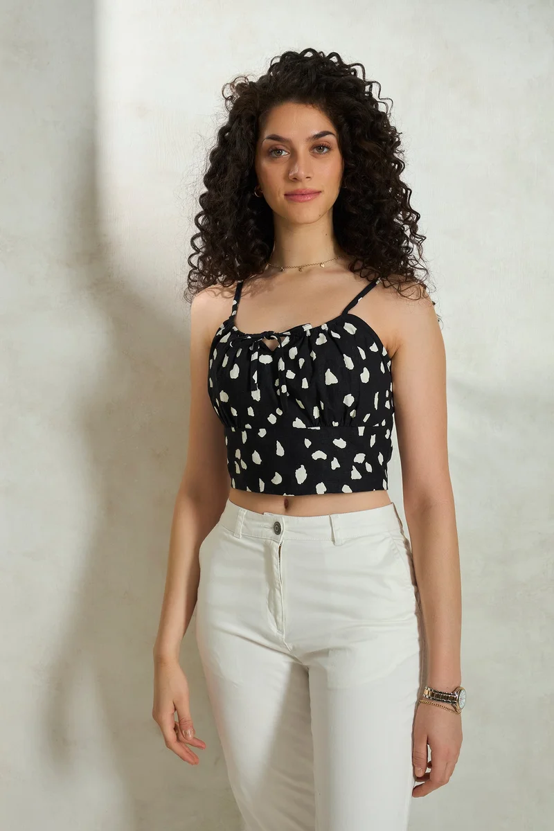 فيرجيو Linen Printed Vacation Front Tie Crop Top for Women