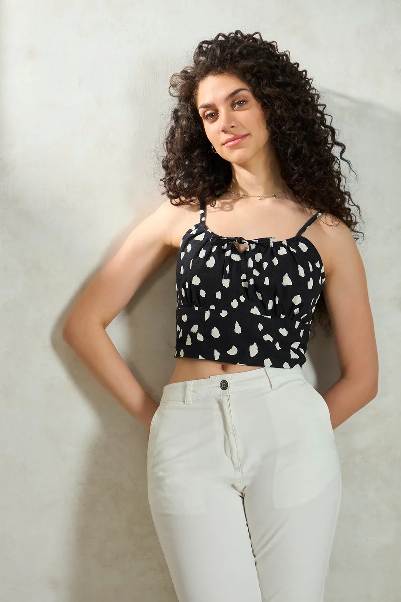 Virgio Linen Printed Vacation Front Tie Crop Top for Women