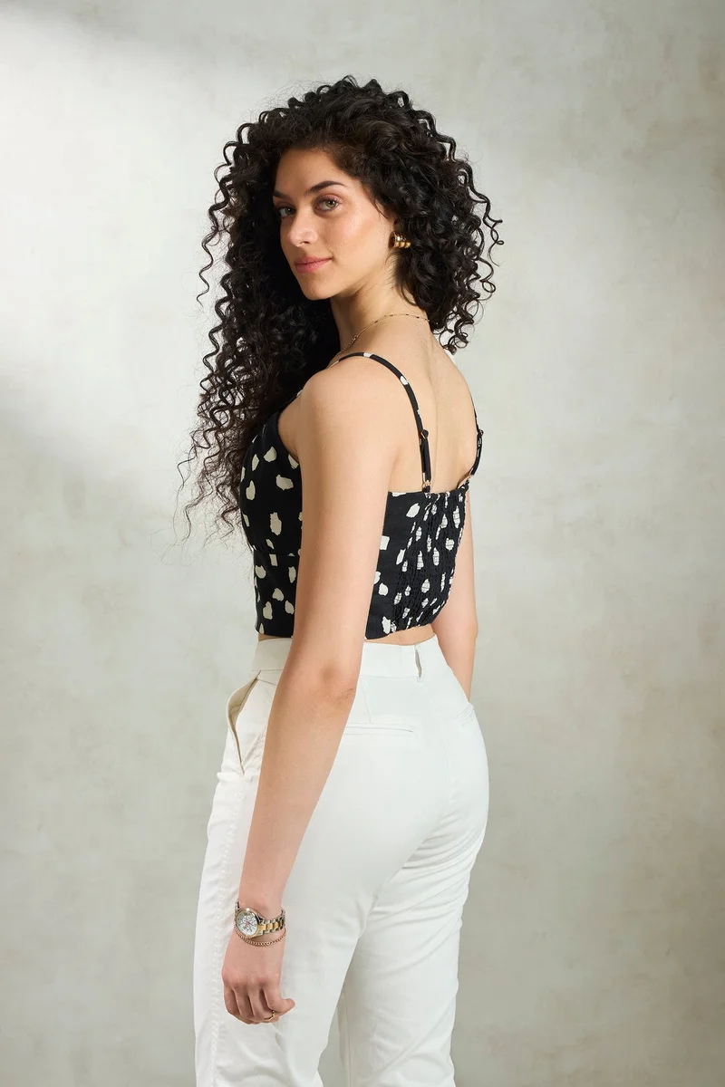 Virgio Linen Printed Vacation Front Tie Crop Top for Women