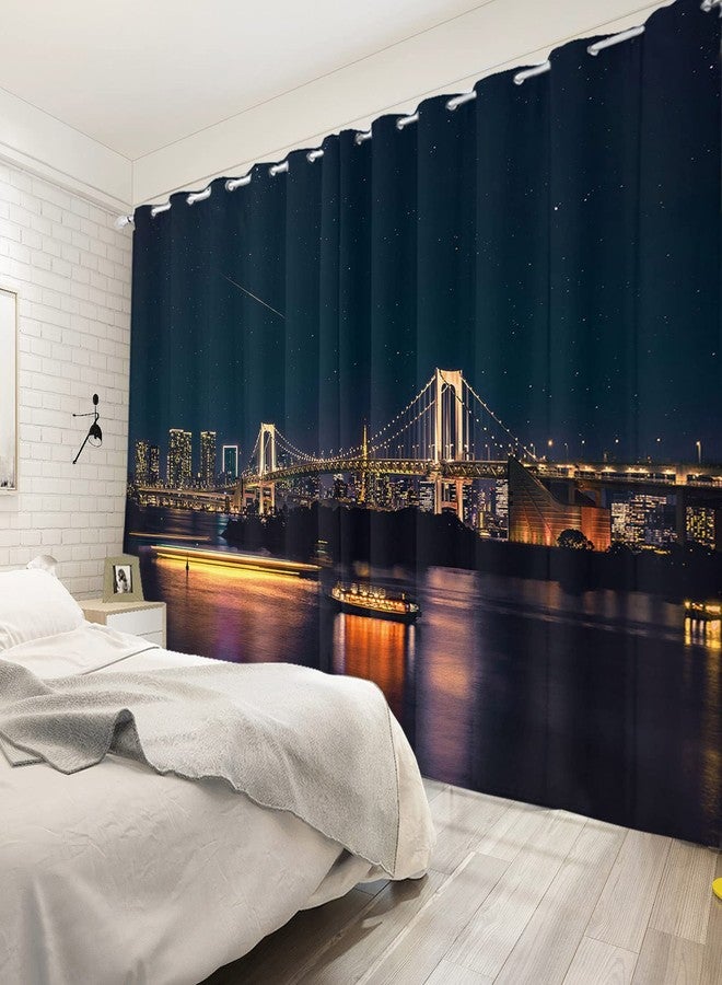Umpoo City Night View Blackout Window Curtains New York Manhattan Bay Bridge Midnight Cityscape Window Drapes for Modern Office Living Room Bedroom Decorative Set of 2 Panels, 52x72 Inch - Image 3
