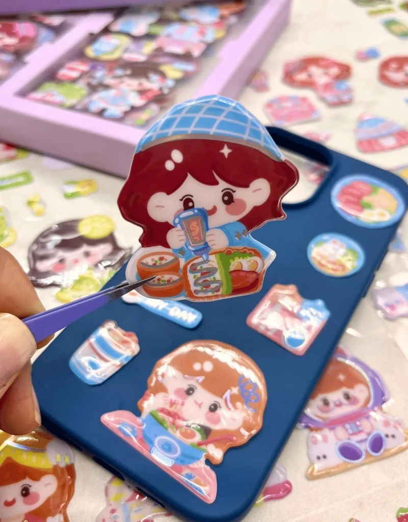 Kağıt Gemi Dükkan Cute Girl at School 3 Section 18 Sheets Purple Box Embossed Sticker Set Waterproof/Bullet Journal
