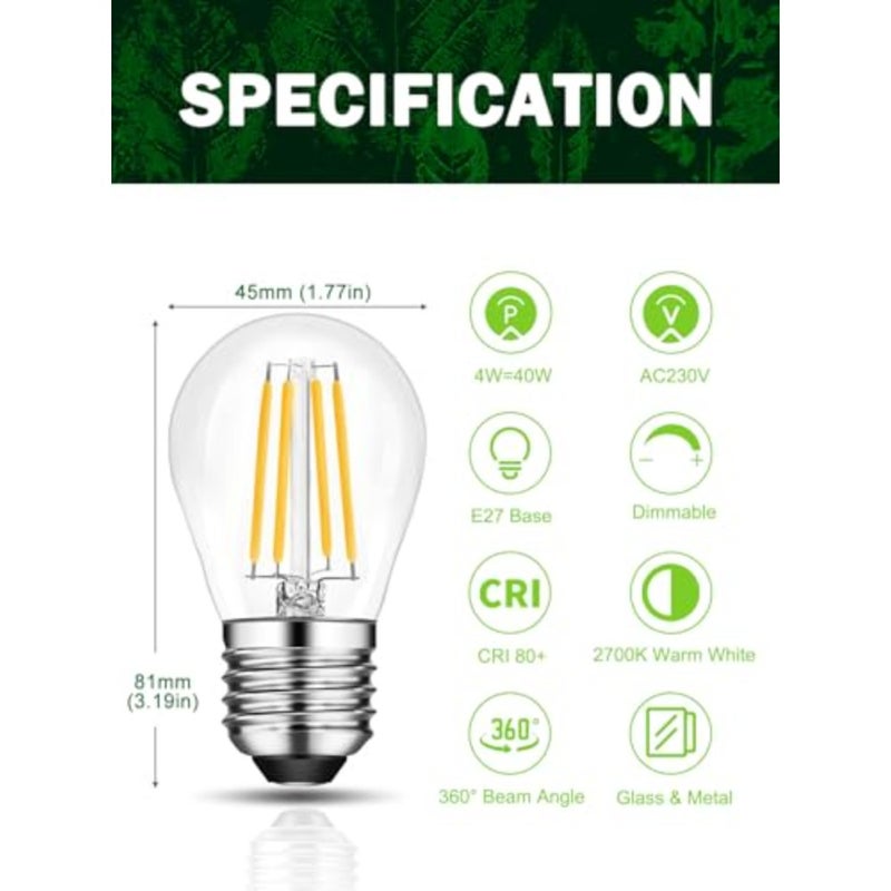 G45 4W E27 Golf Ball Bulb for ceiling lights vanity, clear glass, warm white 2700K, dimmable, 40W equivalent, 220-240V, vintage small globe Edison LED, 10Pack - Image 2