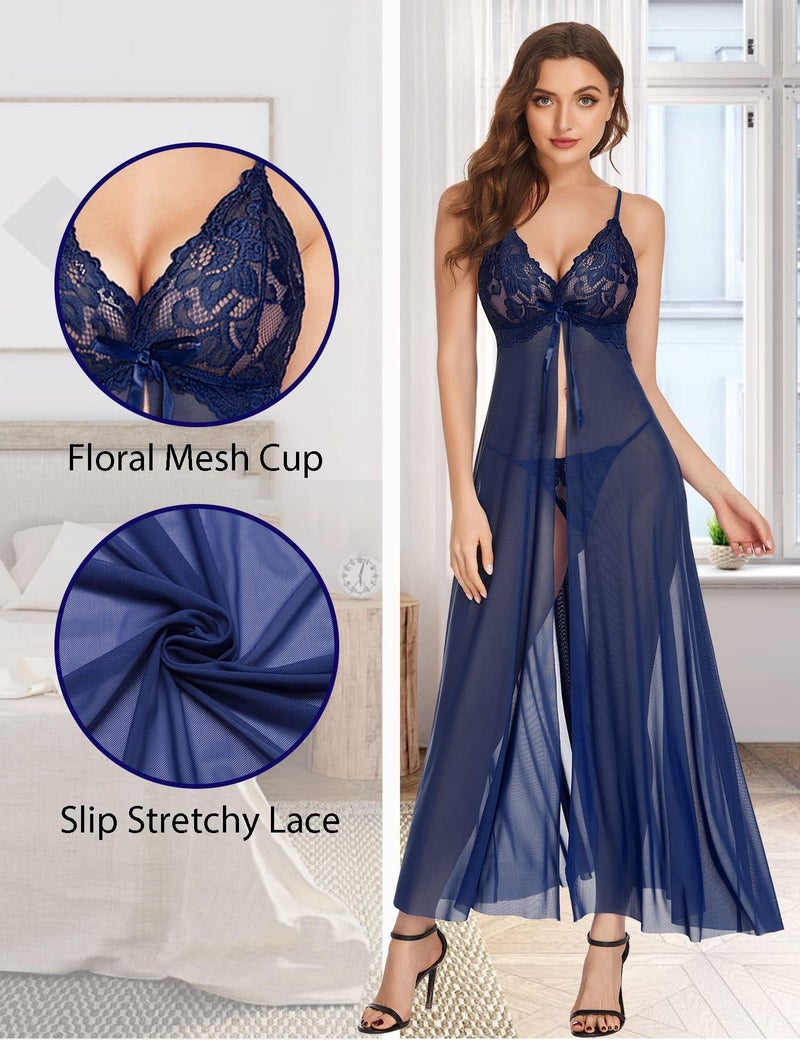 GirlFriend Women Lingerie Sexy Lace Babydoll Dress Open Front Sleepwear Long Sheer Nightgowns V Neck Nightwear for Wife, Women Wedding Valentine Special Night Occasion Festival (Navy Blue, Free Size) - Image 2