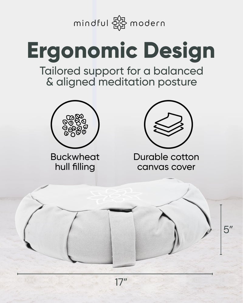 Mindful Modern Large Meditation Cushion | Zafu Yoga Bolster Meditation Floor Pillow Seat | Buckwheat Hull Filled Crescent Shaped Cushion with Removable Washable Cover + Carry Handle | White - Image 3