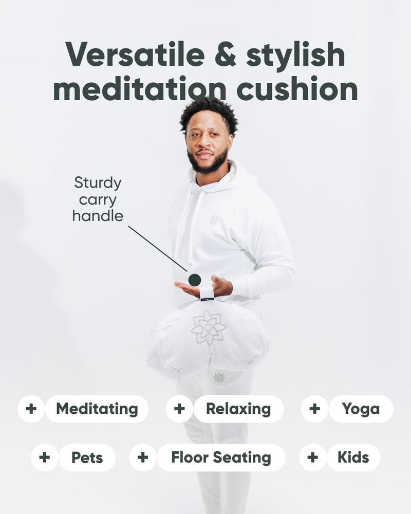 Mindful Modern Large Meditation Cushion | Zafu Yoga Bolster Meditation Floor Pillow Seat | Buckwheat Hull Filled Crescent Shaped Cushion with Removable Washable Cover + Carry Handle | White - Image 5