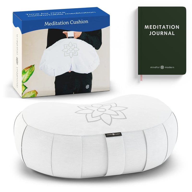 Mindful Modern Large Meditation Cushion | Zafu Yoga Bolster Meditation Floor Pillow Seat | Buckwheat Hull Filled Crescent Shaped Cushion with Removable Washable Cover + Carry Handle | White - Image 1