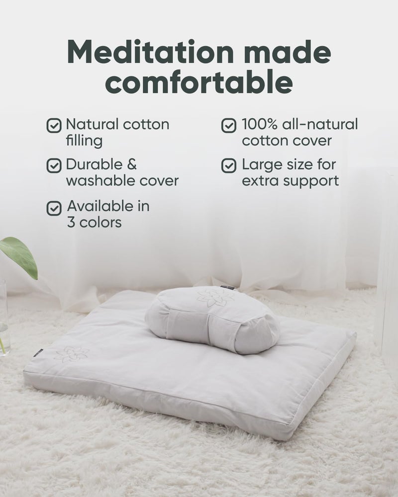 Mindful Modern Large Meditation Cushion | Zafu Yoga Bolster Meditation Floor Pillow Seat | Buckwheat Hull Filled Crescent Shaped Cushion with Removable Washable Cover + Carry Handle | White - Image 4