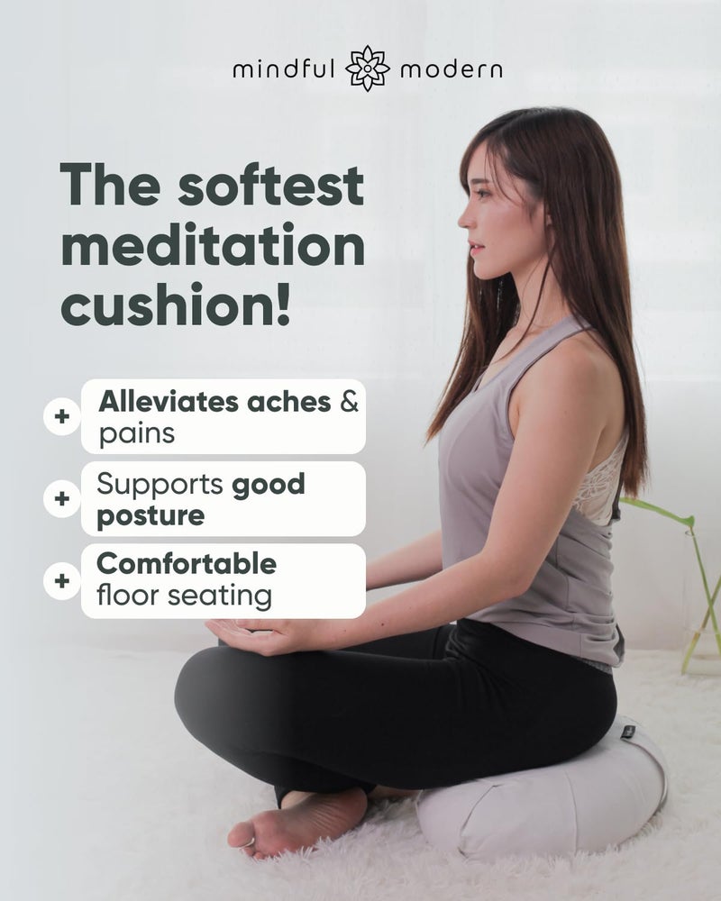 Mindful Modern Large Meditation Cushion | Zafu Yoga Bolster Meditation Floor Pillow Seat | Buckwheat Hull Filled Crescent Shaped Cushion with Removable Washable Cover + Carry Handle | White - Image 2