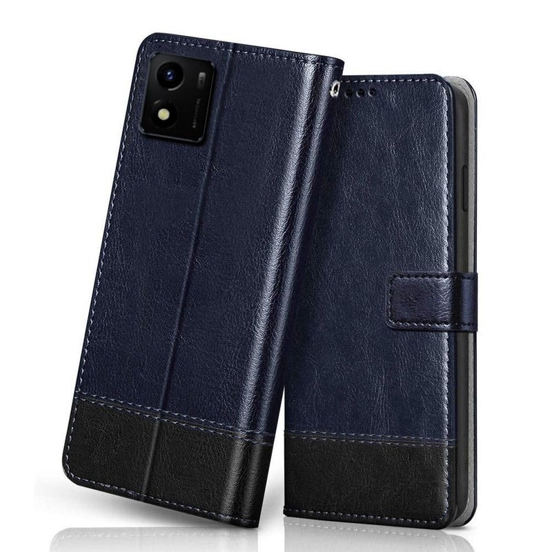 Windmill Premium Vegan Leather Dual Flip Mobile Cover Case|Kickstand & Card Holder|360 Degree Grip Protection| Wallet Type with Magnetic Closure for Vivo Y01-(Blue with Black) - Image 1