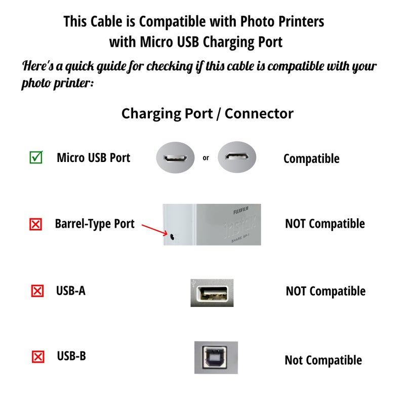 ienza USB Charge Cable Cord Wire for Fujifilm INSTAX Share SP-2, Polaroid Zip, HP Sprocket, Polaroid Mint, Kodak Mini/Printomatic, Lifeprint, Canon Ivy & Similar Wireless Photo Printers (See Pictures) - Image 2