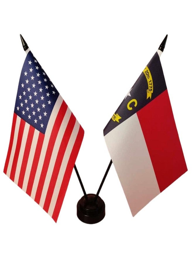 America & North Carolina Twin Desk Flag, US North Carolina Table Flags, 8 x 5 Inches American & North Carolina Deluxe Desk Flag Set - North Carolina Stick Flag with Flag Stand