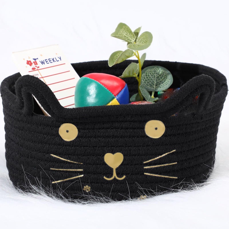 Zopeal Cat Basket Storage Woven Organizer with Ears Decorative Pet Toy Cute Cotton Rope Basket for Gift Cat Dog Toy Bin Nursery Room83 x 47 InchBlack