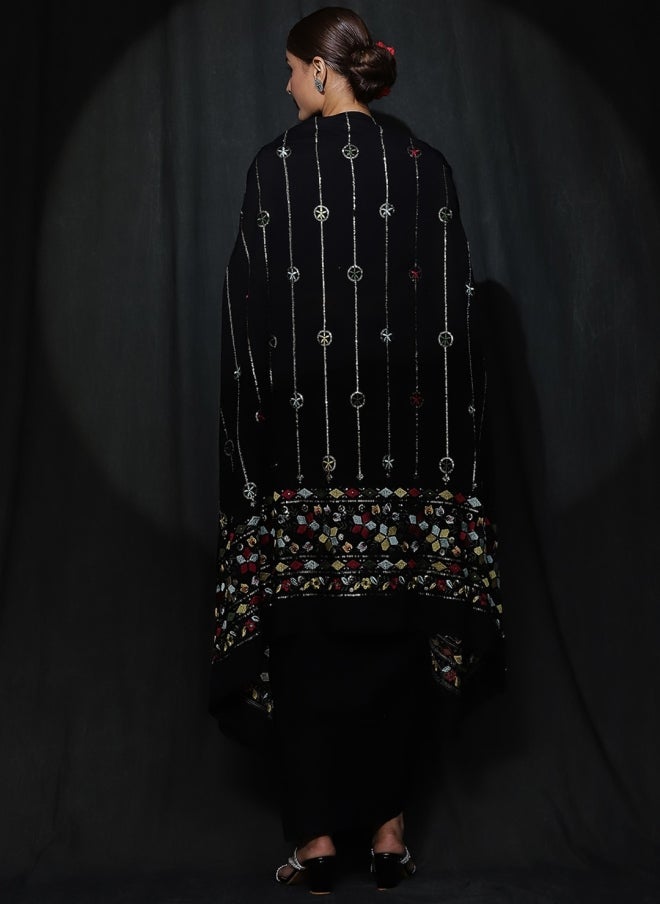 AKS Black Embroidered Top, Shrug & Skirt Set for Women - Image 5