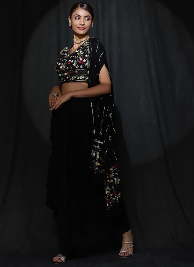 AKS Black Embroidered Top, Shrug & Skirt Set for Women - Image 4