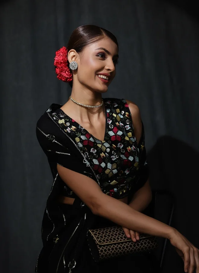 أيه كيه إس Black Embroidered Top, Shrug & Skirt Set for Women