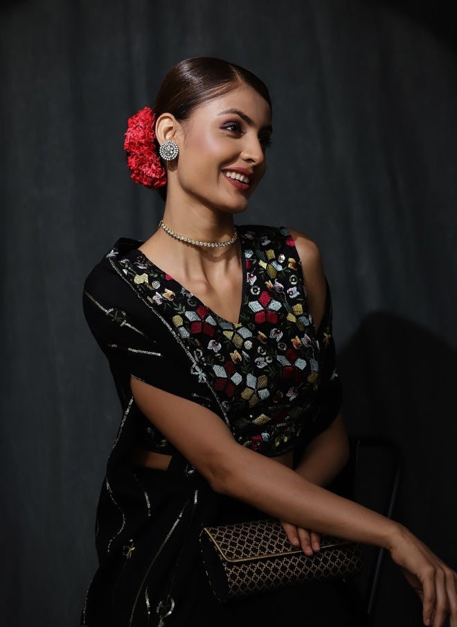 AKS Black Embroidered Top, Shrug & Skirt Set for Women - Image 2