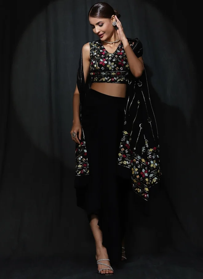 AKS Black Embroidered Top, Shrug & Skirt Set for Women
