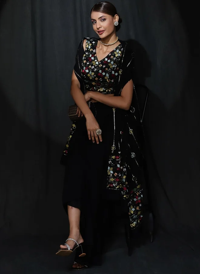 أيه كيه إس Black Embroidered Top, Shrug & Skirt Set for Women