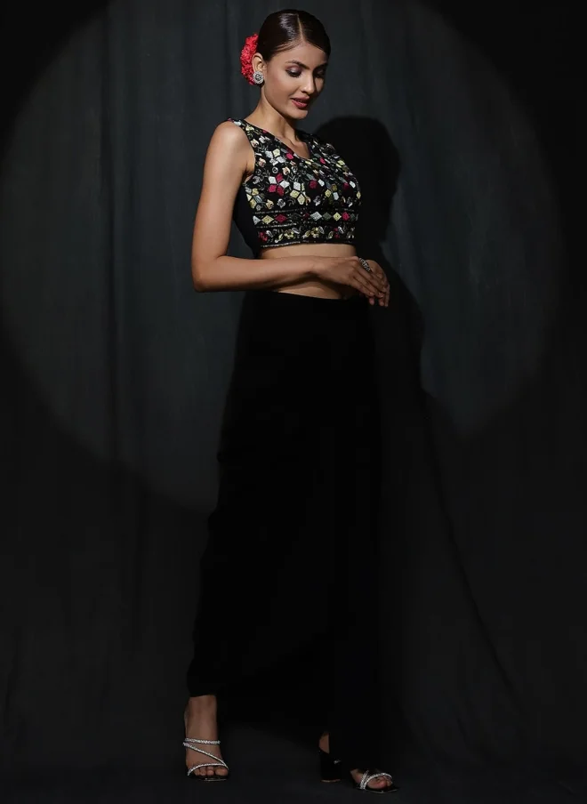 AKS Black Embroidered Top, Shrug & Skirt Set for Women