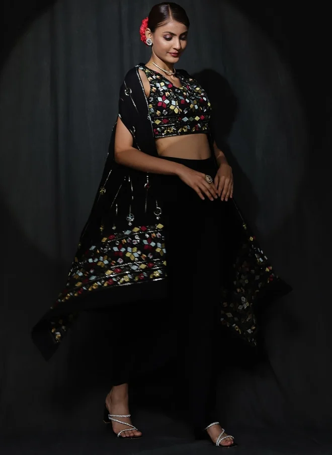 AKS Black Embroidered Top, Shrug & Skirt Set for Women