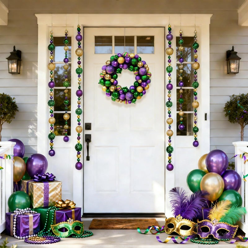 idyllic 6 Ft Mardi Gras Garland, 2 Pack Purple Green Gold Glitter Ball Ornament Decor for Mantel, Door, Party - Festive Fat Tuesday Carnival Indoor Outdoor Decorations - Image 5