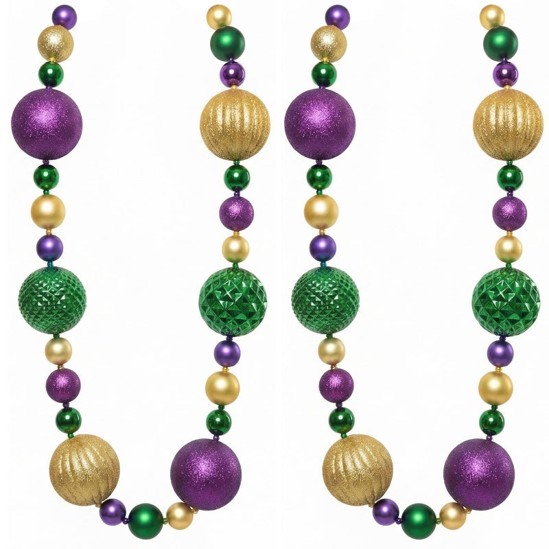 idyllic 6 Ft Mardi Gras Garland, 2 Pack Purple Green Gold Glitter Ball Ornament Decor for Mantel, Door, Party - Festive Fat Tuesday Carnival Indoor Outdoor Decorations - Image 1
