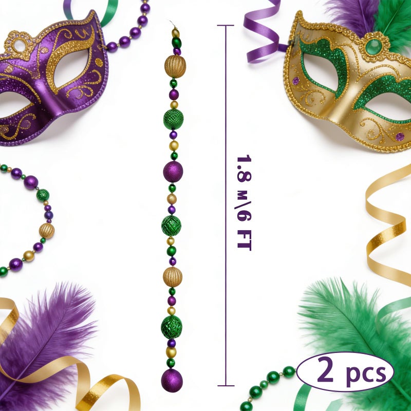 idyllic 6 Ft Mardi Gras Garland, 2 Pack Purple Green Gold Glitter Ball Ornament Decor for Mantel, Door, Party - Festive Fat Tuesday Carnival Indoor Outdoor Decorations - Image 2