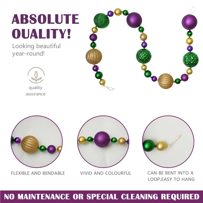 idyllic 6 Ft Mardi Gras Garland, 2 Pack Purple Green Gold Glitter Ball Ornament Decor for Mantel, Door, Party - Festive Fat Tuesday Carnival Indoor Outdoor Decorations - Image 3