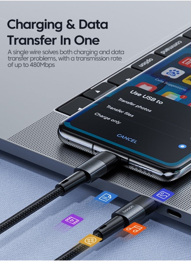 كابل Toocki USB-C إلى USB-C بقدرة 60 واط، بطول 2 متر – مضفر بنسيج نايلون متين، شحن سريع PD ونقل بيانات  (أسود) – متوافق مع iPhone 15/16، iPad Pro/Air، Samsung Galaxy S23/S24/S25، Fold، Xiaomi، Honor، Oppo، OnePlus  - Image 3