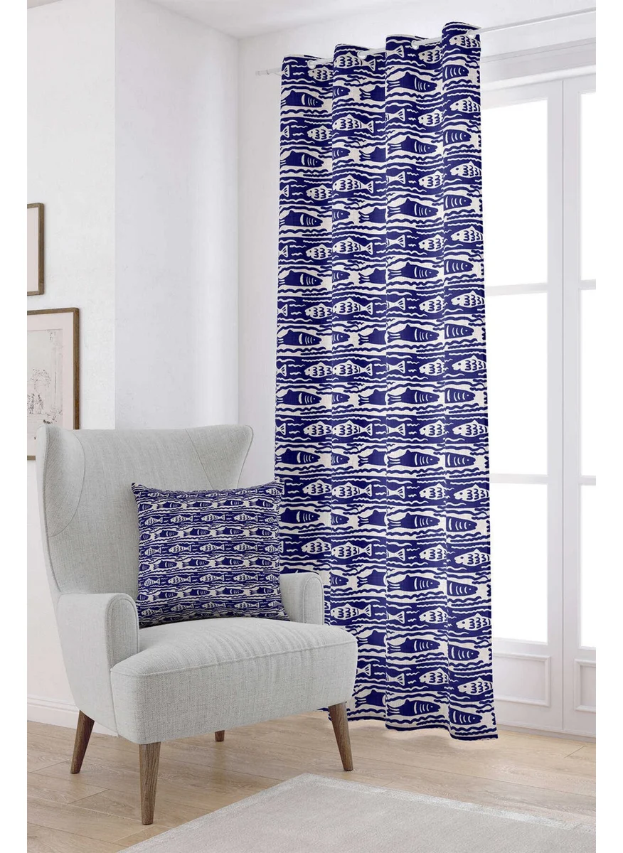 Cango Home Navy Blue Beige Marine Themed Fish Pattern Digital Printed Curtain CGH634-PR