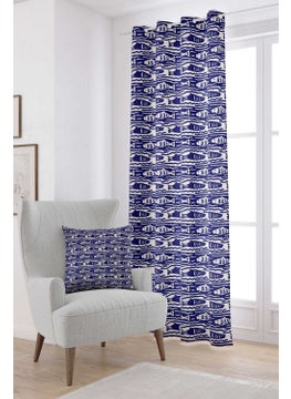 Cango Home Navy Blue Beige Marine Themed Fish Pattern Digital Printed Curtain CGH634-PR  - Image 1