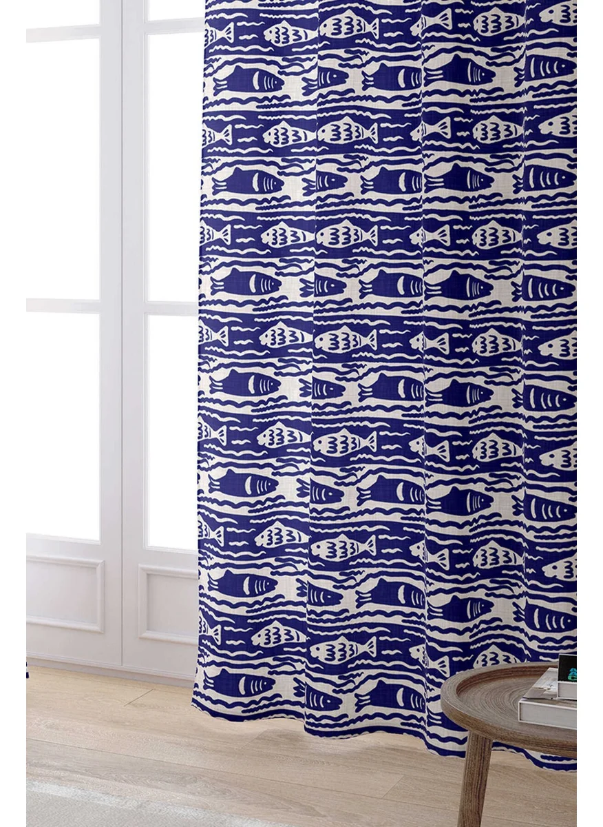 Cango Home Navy Blue Beige Marine Themed Fish Pattern Digital Printed Curtain CGH634-PR