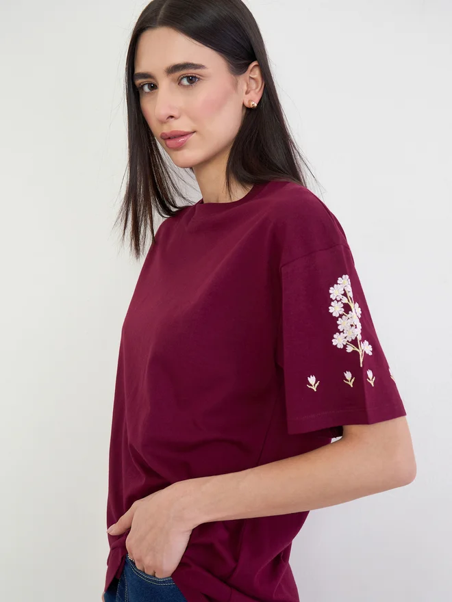 Styli Burgundy Embroidered 100% Cotton Oversized T-Shirt