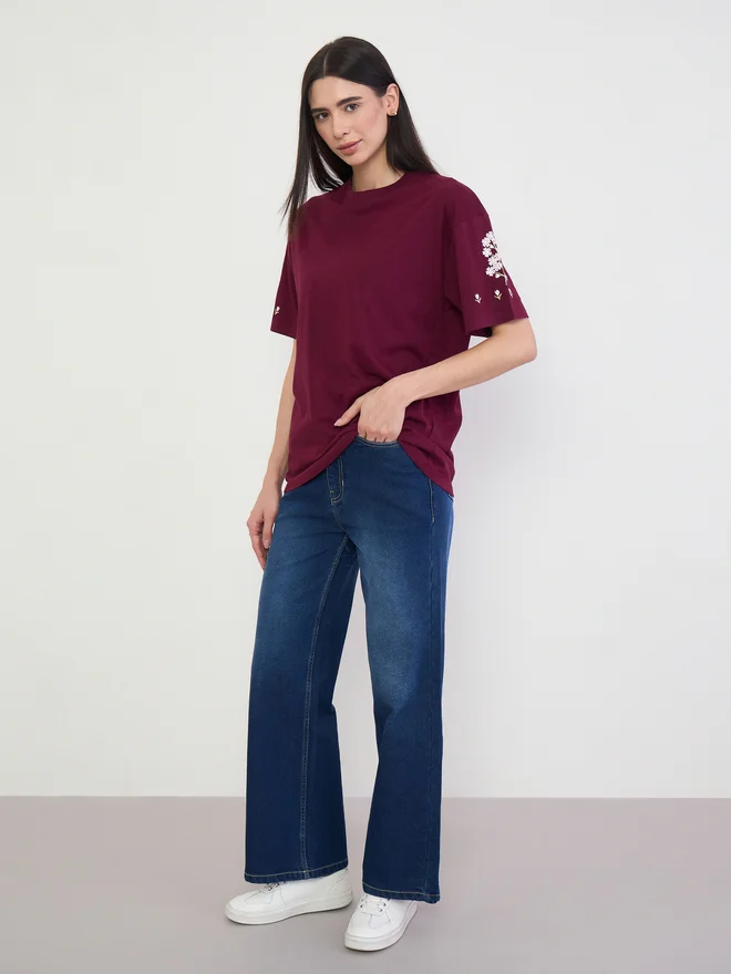 Styli Burgundy Embroidered 100% Cotton Oversized T-Shirt